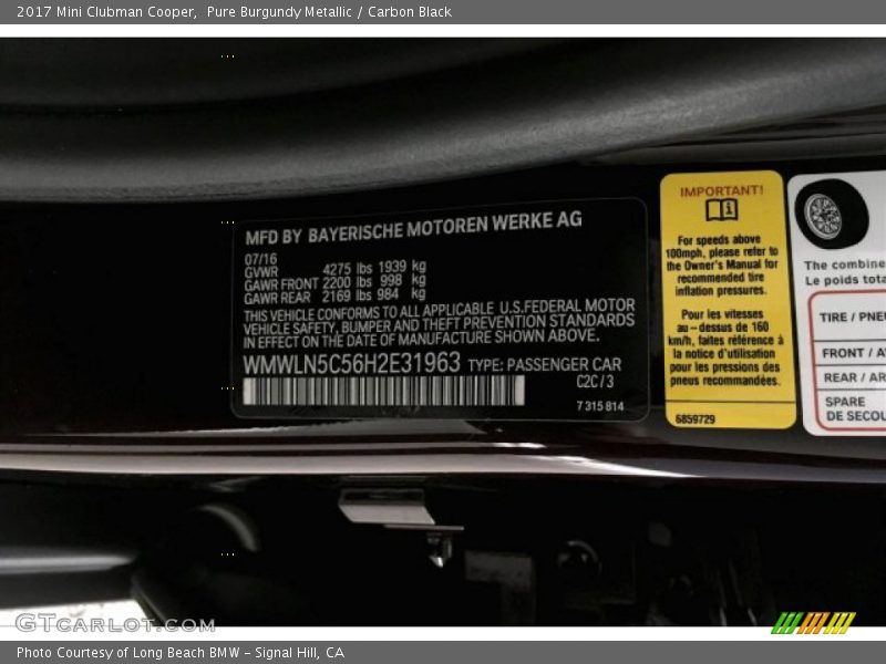 Pure Burgundy Metallic / Carbon Black 2017 Mini Clubman Cooper