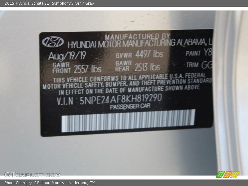 Symphony Silver / Gray 2019 Hyundai Sonata SE