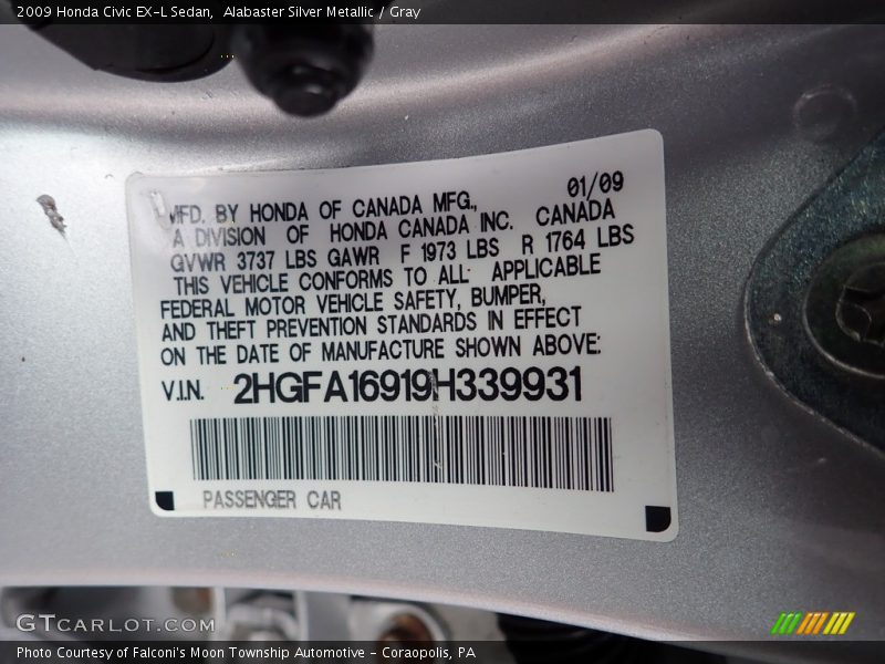 Alabaster Silver Metallic / Gray 2009 Honda Civic EX-L Sedan