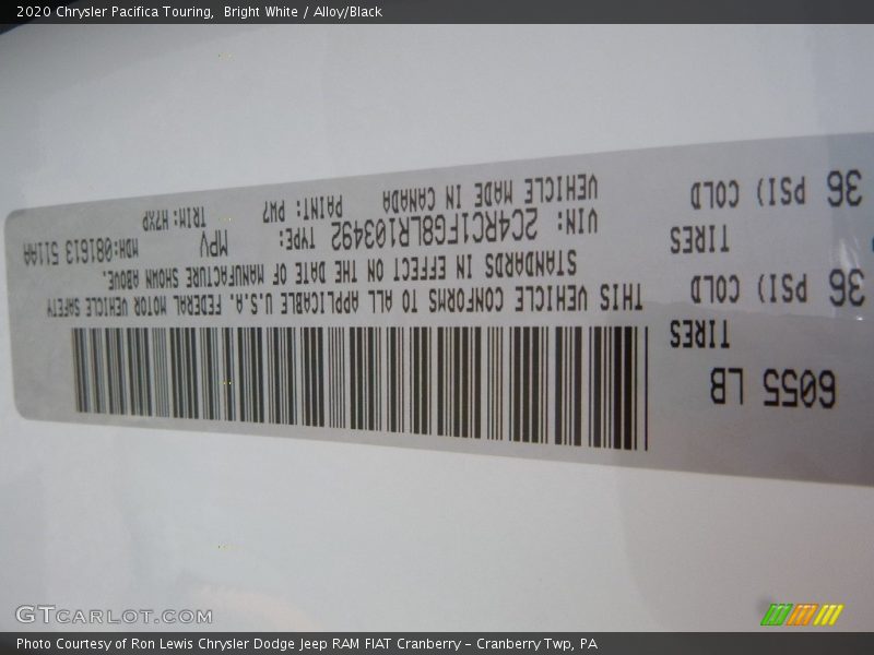 2020 Pacifica Touring Bright White Color Code PW7