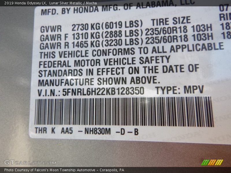 Lunar Silver Metallic / Mocha 2019 Honda Odyssey LX