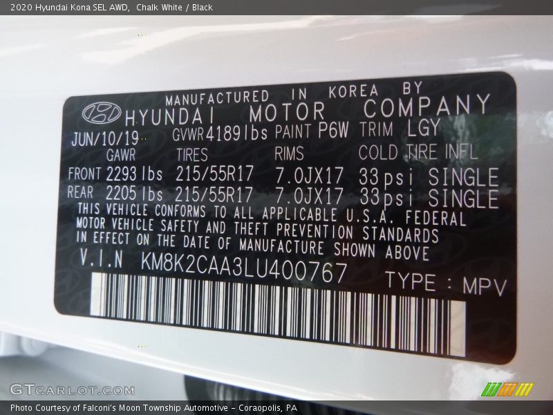 Chalk White / Black 2020 Hyundai Kona SEL AWD