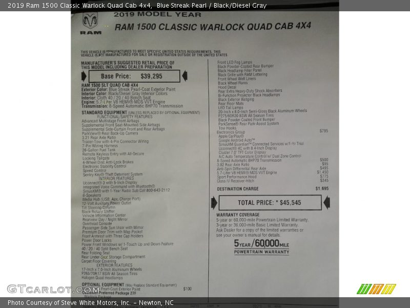  2019 1500 Classic Warlock Quad Cab 4x4 Window Sticker