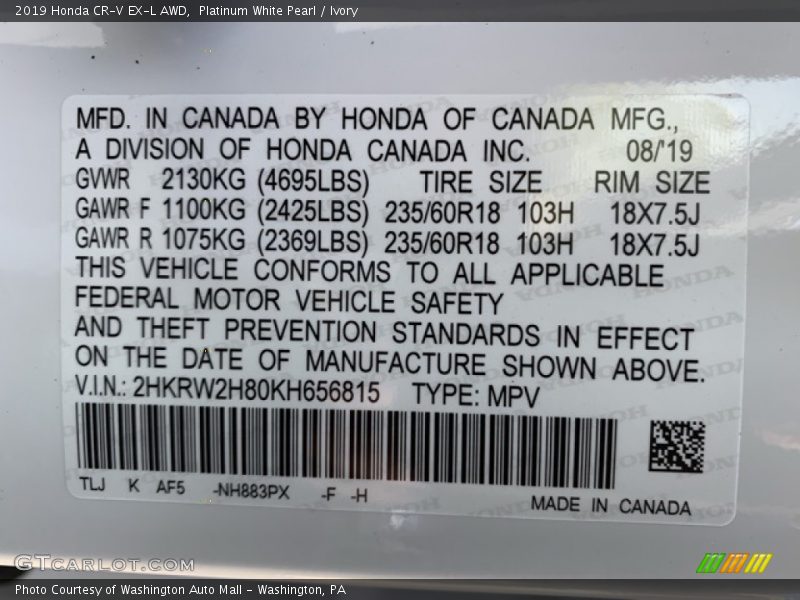 Platinum White Pearl / Ivory 2019 Honda CR-V EX-L AWD
