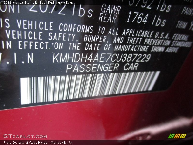 Red Allure / Beige 2012 Hyundai Elantra Limited