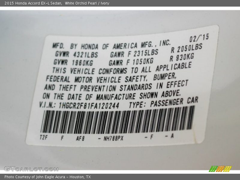 White Orchid Pearl / Ivory 2015 Honda Accord EX-L Sedan