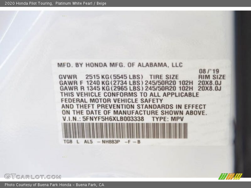 Platinum White Pearl / Beige 2020 Honda Pilot Touring