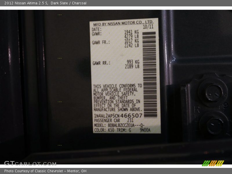 Dark Slate / Charcoal 2012 Nissan Altima 2.5 S