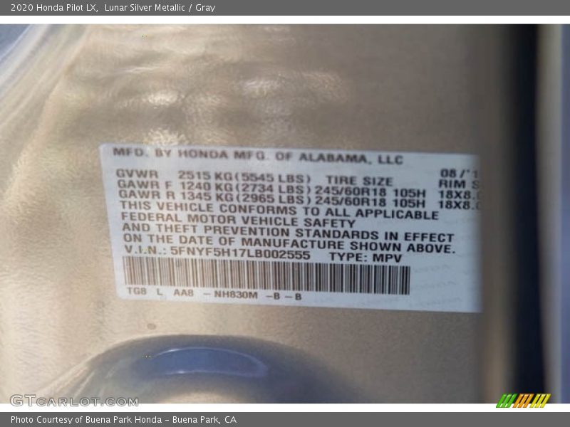Lunar Silver Metallic / Gray 2020 Honda Pilot LX