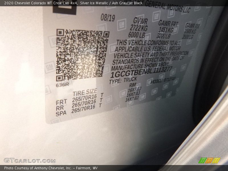 Silver Ice Metallic / Ash Gray/Jet Black 2020 Chevrolet Colorado WT Crew Cab 4x4