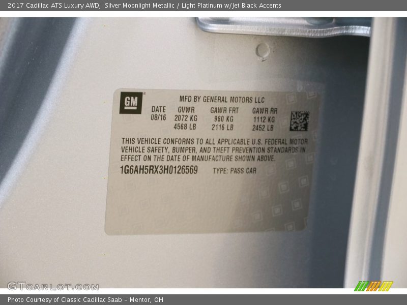 Silver Moonlight Metallic / Light Platinum w/Jet Black Accents 2017 Cadillac ATS Luxury AWD