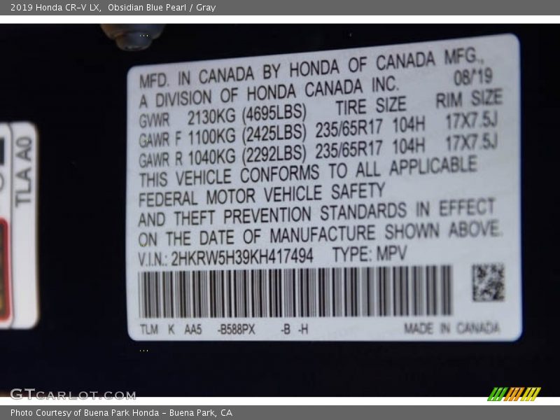 Obsidian Blue Pearl / Gray 2019 Honda CR-V LX