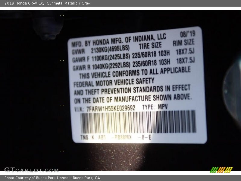 Gunmetal Metallic / Gray 2019 Honda CR-V EX