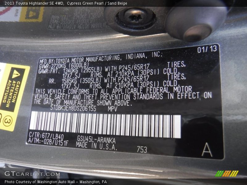 Cypress Green Pearl / Sand Beige 2013 Toyota Highlander SE 4WD