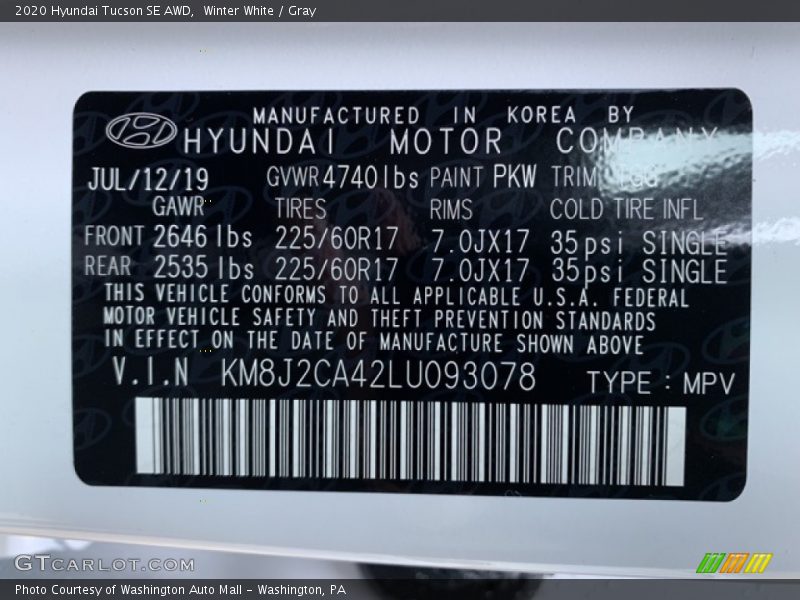 Winter White / Gray 2020 Hyundai Tucson SE AWD