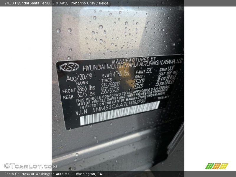 Portofino Gray / Beige 2020 Hyundai Santa Fe SEL 2.0 AWD