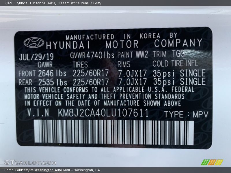 Cream White Pearl / Gray 2020 Hyundai Tucson SE AWD