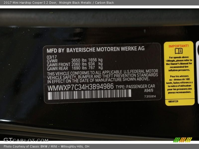 Midnight Black Metallic / Carbon Black 2017 Mini Hardtop Cooper S 2 Door