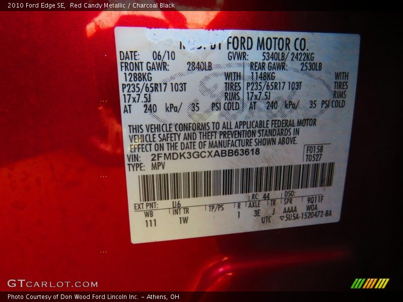 Red Candy Metallic / Charcoal Black 2010 Ford Edge SE