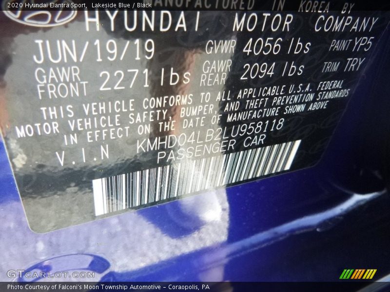 Lakeside Blue / Black 2020 Hyundai Elantra Sport