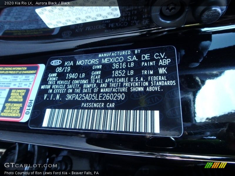 2020 Rio LX Aurora Black Color Code ABP