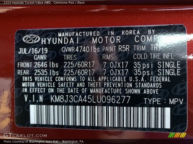 2020 Tucson Value AWD Gemstone Red Color Code R5R