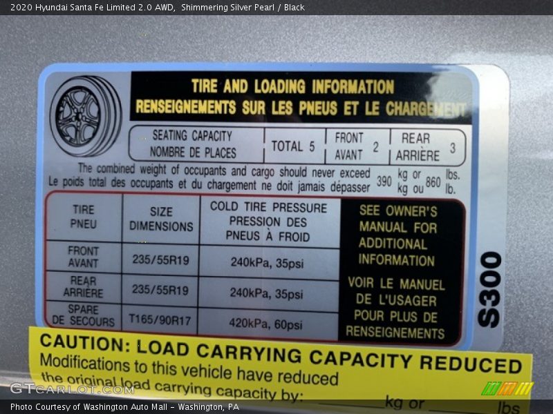 Info Tag of 2020 Santa Fe Limited 2.0 AWD