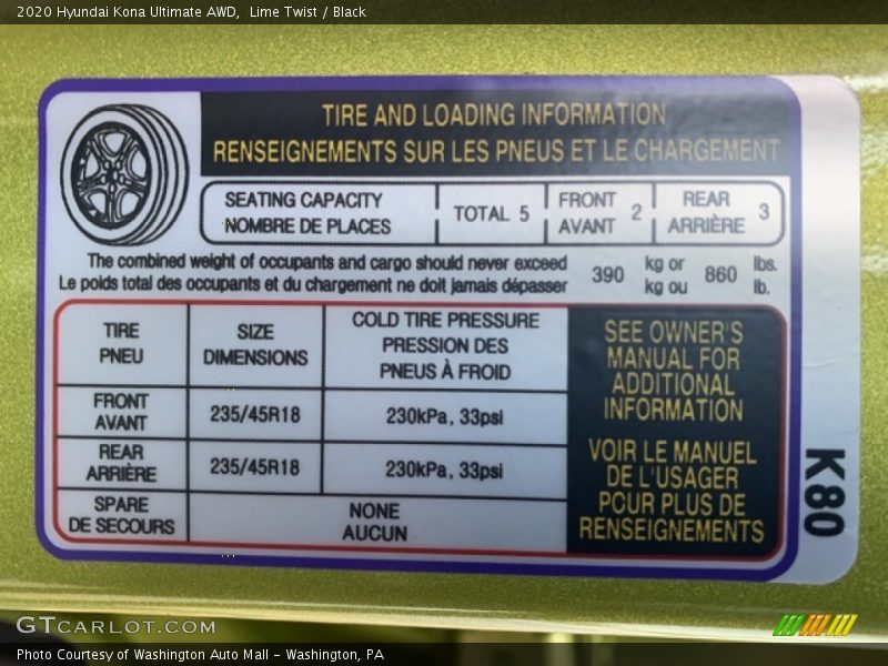 Info Tag of 2020 Kona Ultimate AWD
