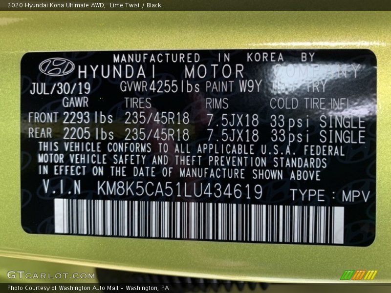 2020 Kona Ultimate AWD Lime Twist Color Code W9Y
