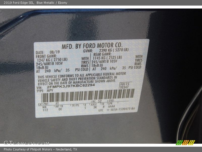 2019 Edge SEL Blue Metallic Color Code FT