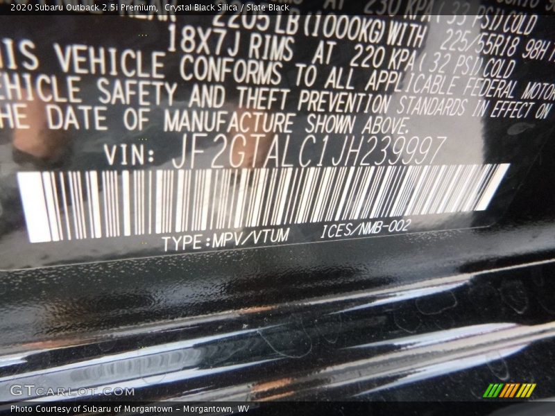 Crystal Black Silica / Slate Black 2020 Subaru Outback 2.5i Premium