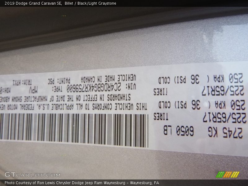 Billet / Black/Light Graystone 2019 Dodge Grand Caravan SE