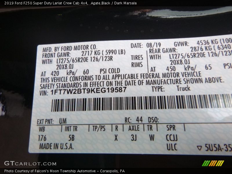 2019 F250 Super Duty Lariat Crew Cab 4x4 Agate Black Color Code UM
