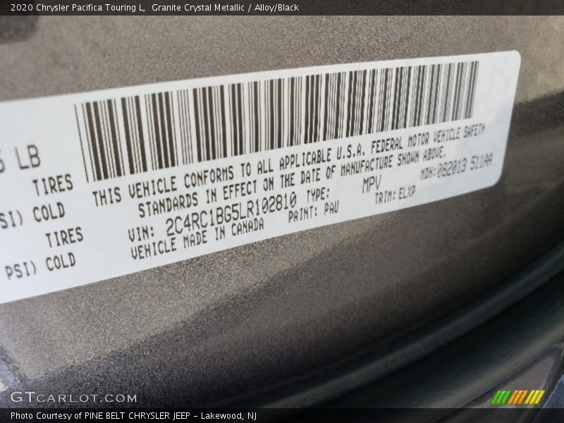 Granite Crystal Metallic / Alloy/Black 2020 Chrysler Pacifica Touring L