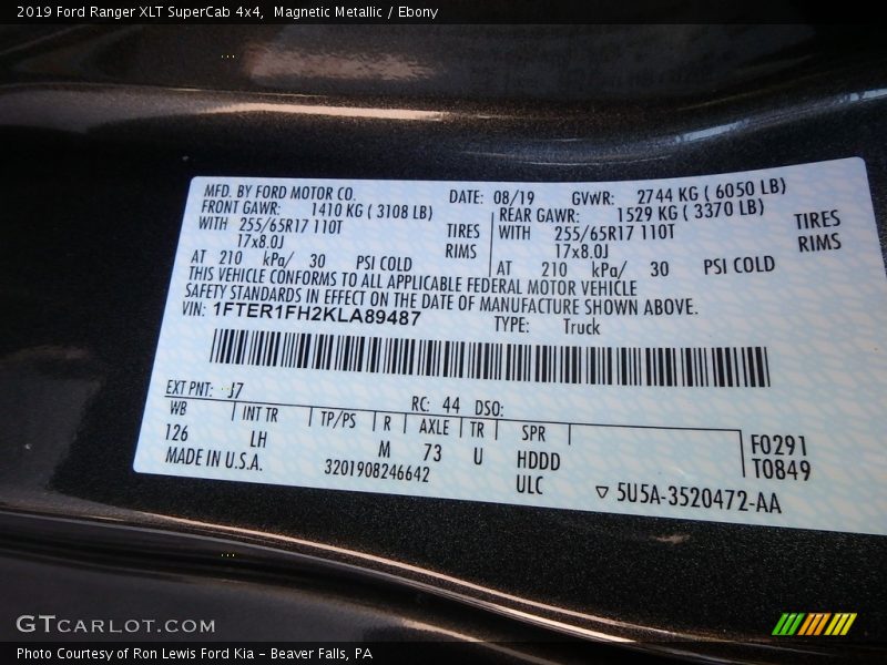 2019 Ranger XLT SuperCab 4x4 Magnetic Metallic Color Code J7