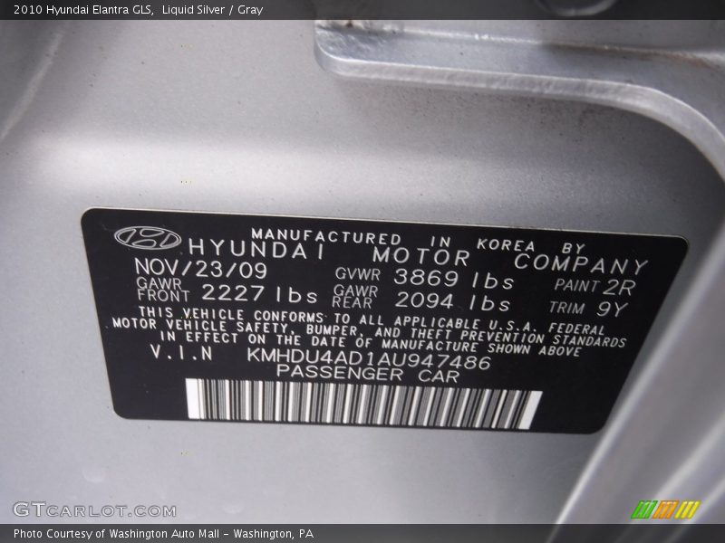 Liquid Silver / Gray 2010 Hyundai Elantra GLS