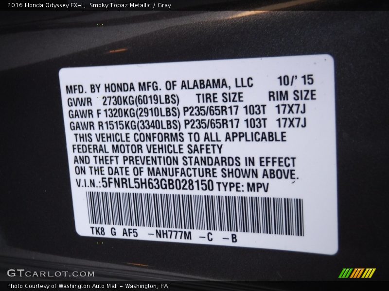 Smoky Topaz Metallic / Gray 2016 Honda Odyssey EX-L