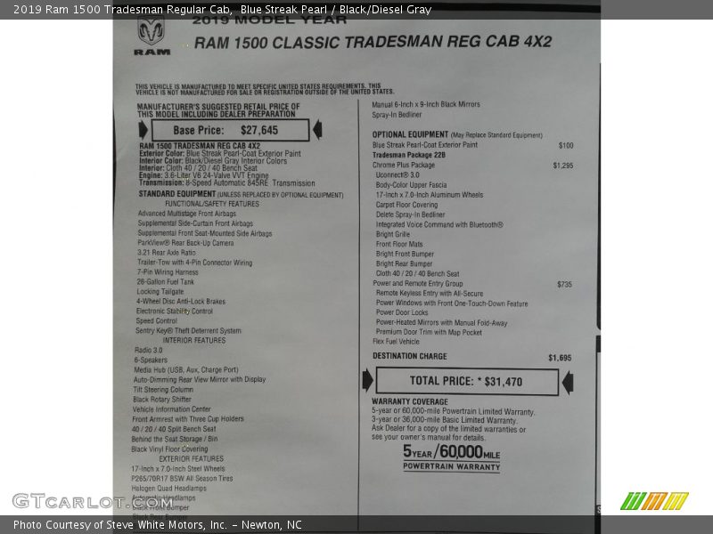 Blue Streak Pearl / Black/Diesel Gray 2019 Ram 1500 Tradesman Regular Cab