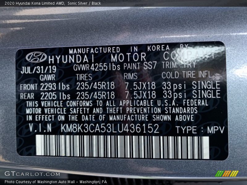 Sonic Silver / Black 2020 Hyundai Kona Limited AWD