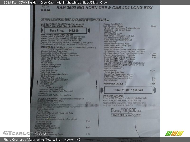 Bright White / Black/Diesel Gray 2019 Ram 3500 Big Horn Crew Cab 4x4