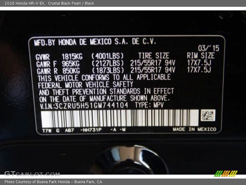 Crystal Black Pearl / Black 2016 Honda HR-V EX