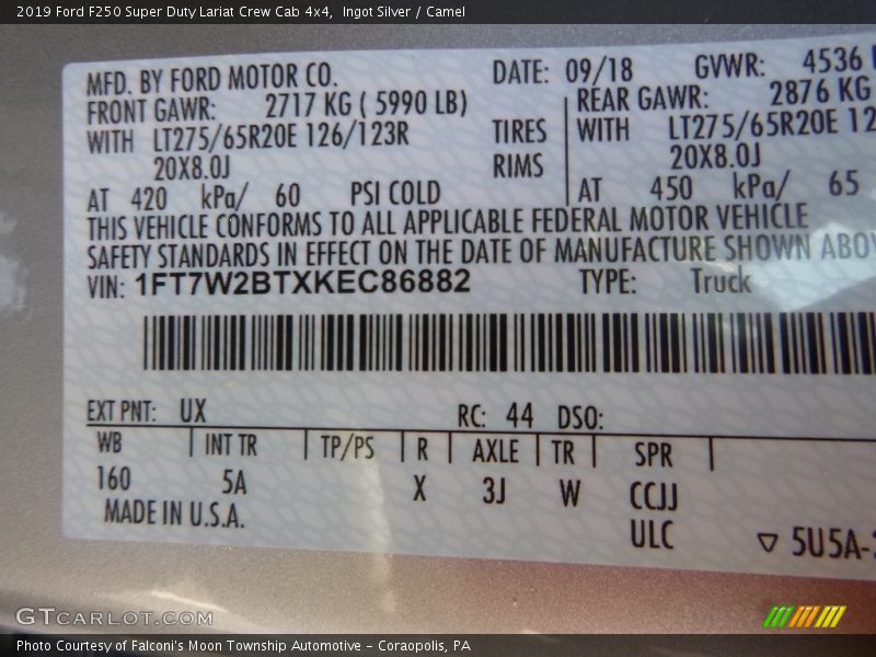 2019 F250 Super Duty Lariat Crew Cab 4x4 Ingot Silver Color Code UX