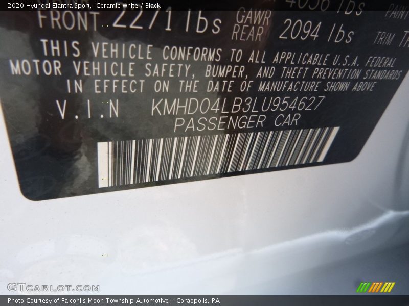 Ceramic White / Black 2020 Hyundai Elantra Sport