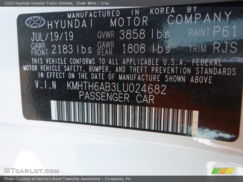 2020 Veloster Turbo Ultimate Chalk White Color Code P61