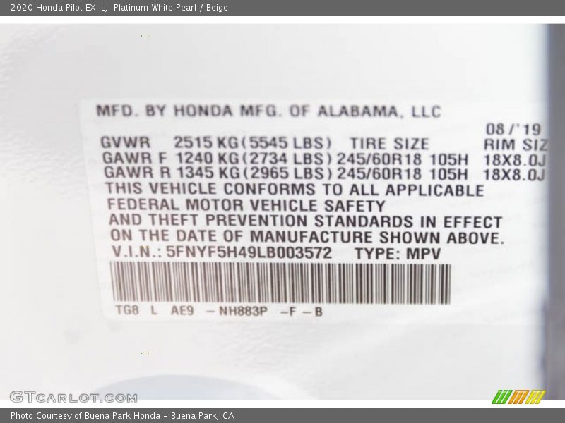 Platinum White Pearl / Beige 2020 Honda Pilot EX-L