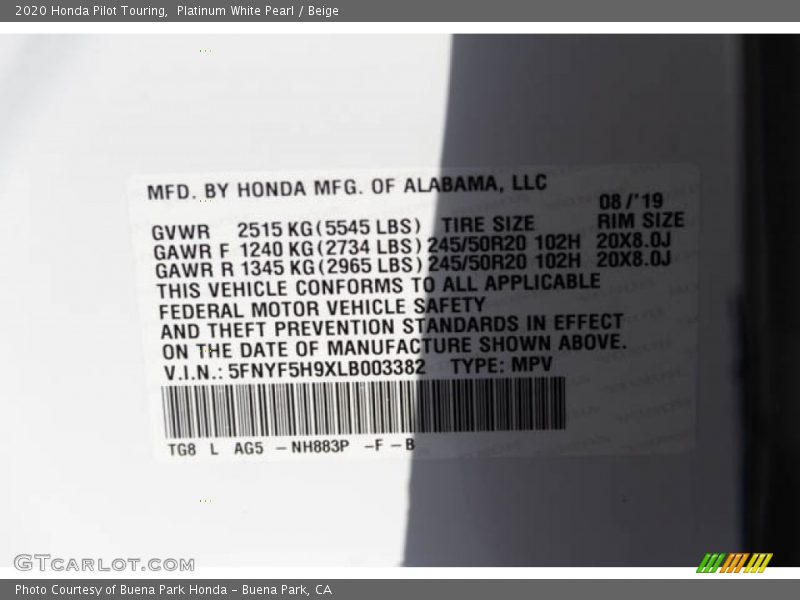 Platinum White Pearl / Beige 2020 Honda Pilot Touring