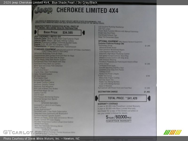Blue Shade Pearl / Ski Gray/Black 2020 Jeep Cherokee Limited 4x4