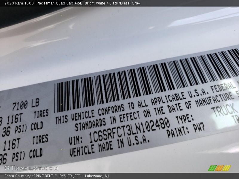 2020 1500 Tradesman Quad Cab 4x4 Bright White Color Code PW7