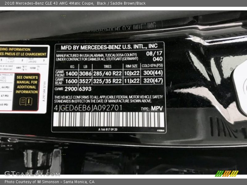 2018 GLE 43 AMG 4Matic Coupe Black Color Code 040