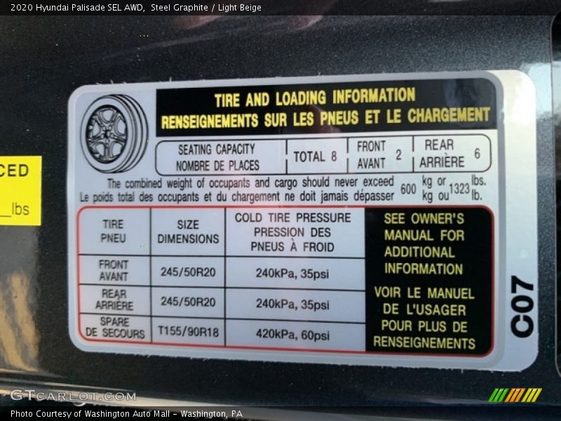 Info Tag of 2020 Palisade SEL AWD
